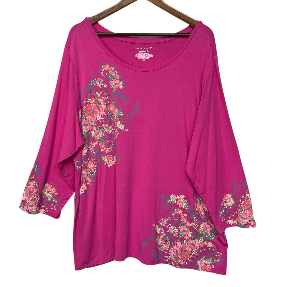 Investments Essentials Womens 3X Fuchsia Pink Floral 3/4 Sleeve Jersey Top